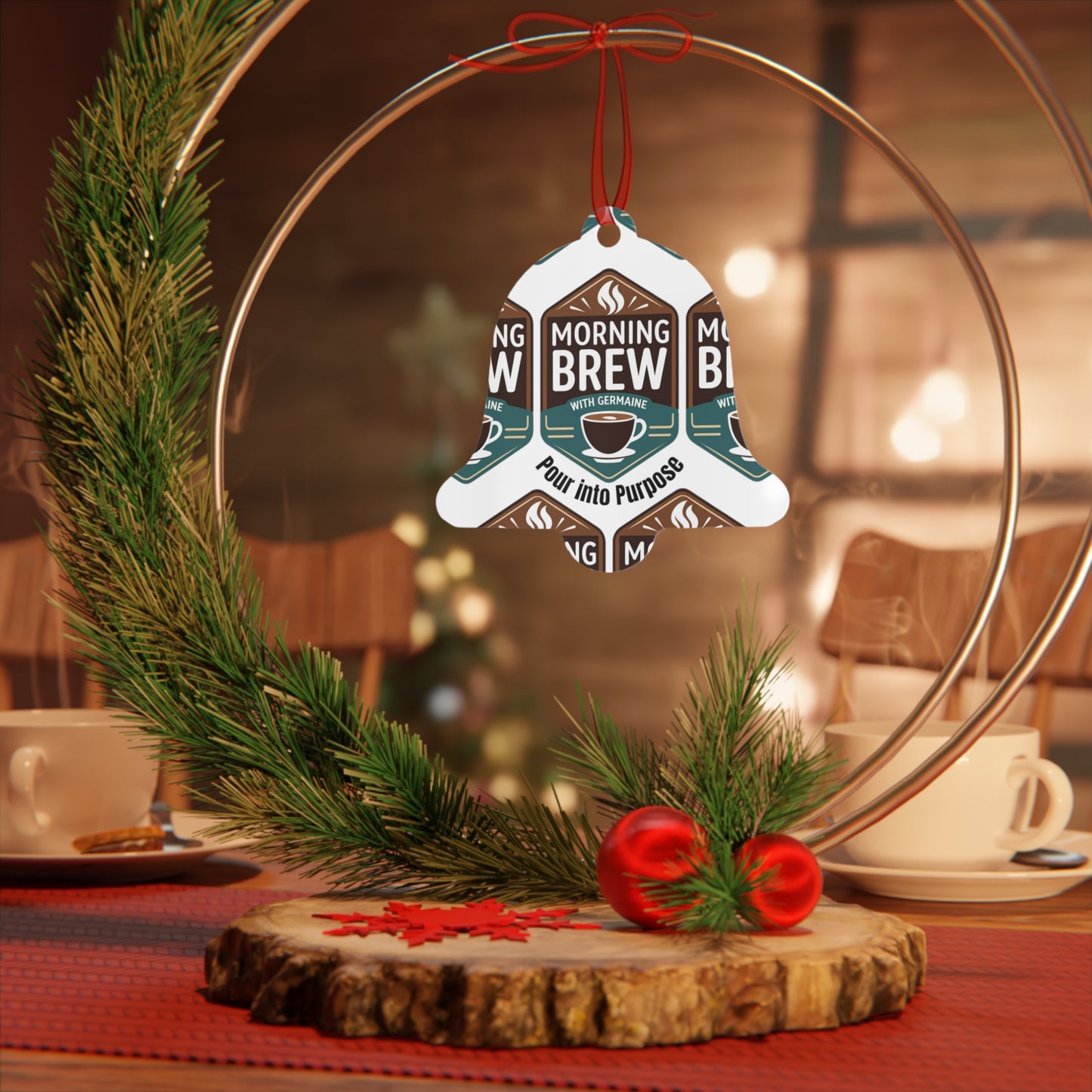 Morning Brew Coffee Metal Ornament — "Pour into Purpose" Bell Holiday Decoration